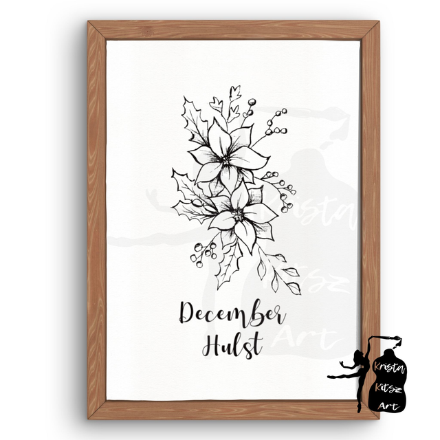 Geboortebloem December Hulst in zwart wit,  luxe kunstprint op fine art papier van originele tekening, met of zonder tekst 