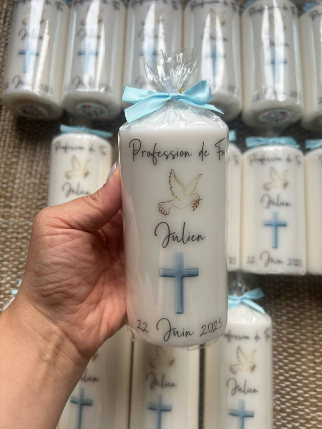 Bougie baptême, communion, croix et colombe