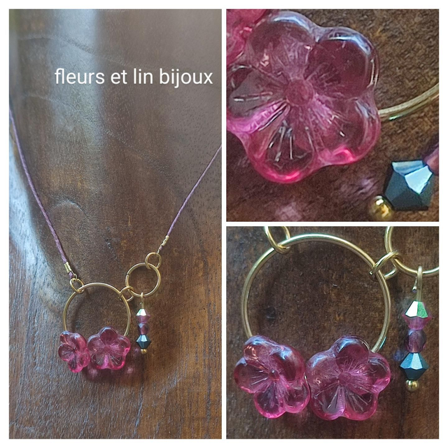 Collier fleurs & 3 perles en verre monté sur fil de lin réglable avec chaîne d'extension en acier inoxydable doré, pièce unique 