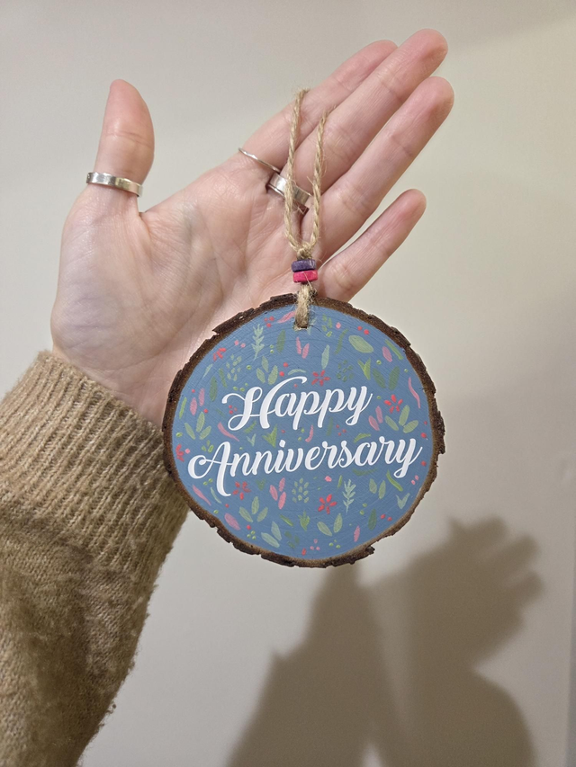Blue Floral 'Happy Anniversary Handpainted Wood Slice - NW-510