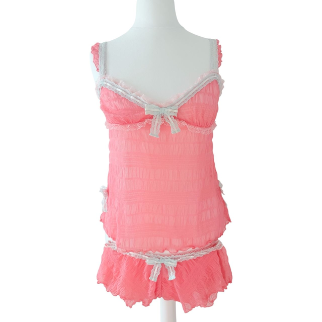 BNWT japanese brand pink mesh with bow appliqué cami and underwear loungewear pyjama set