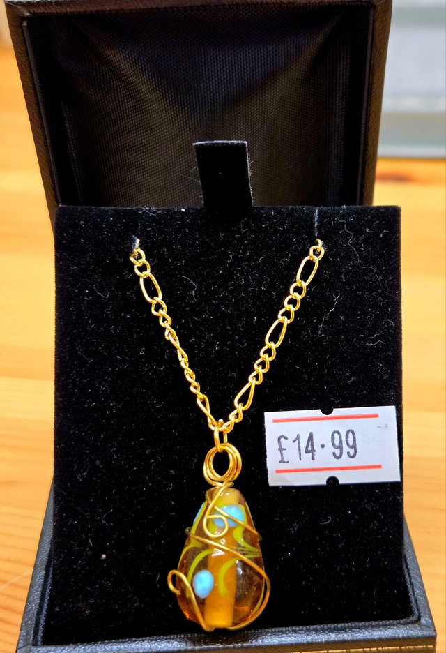 Gold wire wrapped painted glass necklace
