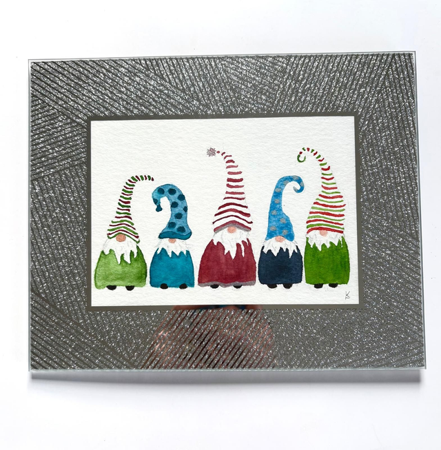 Festive Gnomes Original Framed fun Watercolour Painting