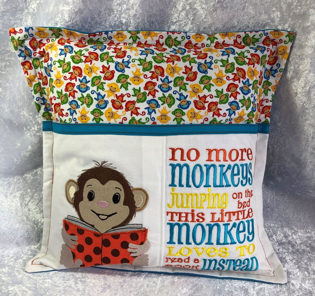 Monkey Reading Book Cushion with embroidered pocket &amp; Free bookmark with embroidered name