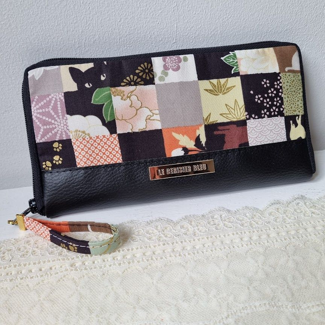 Portefeuille long zippé "Damier chat" simili cuir noir