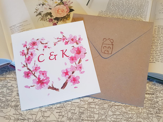 Cherry Blossom Heart initials card (personalisable) 