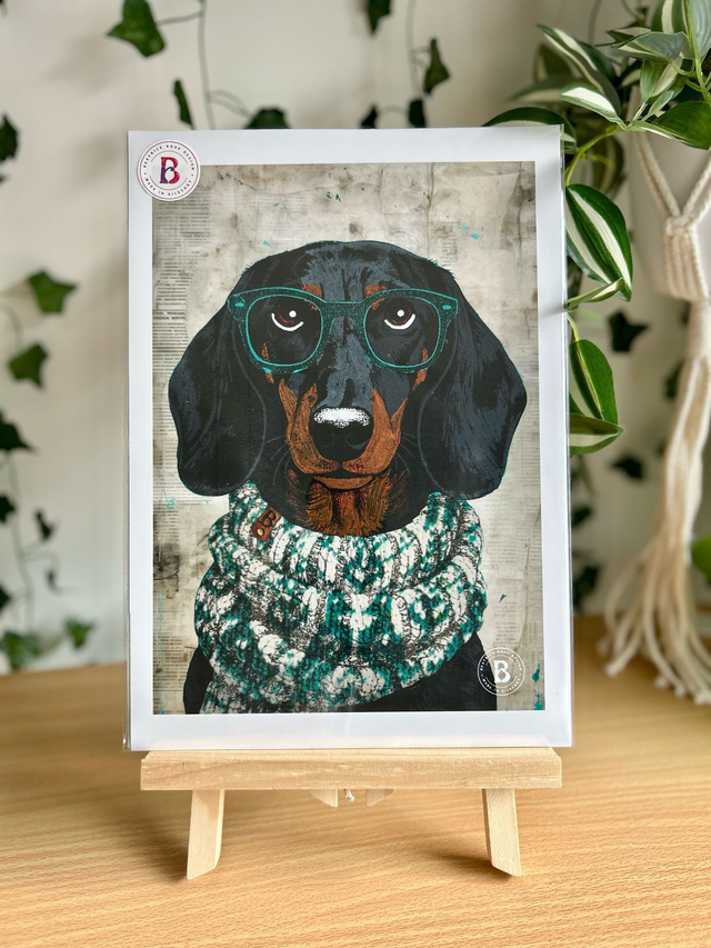 Dachshund Dog In Glasses Mixed Media Art Print A4