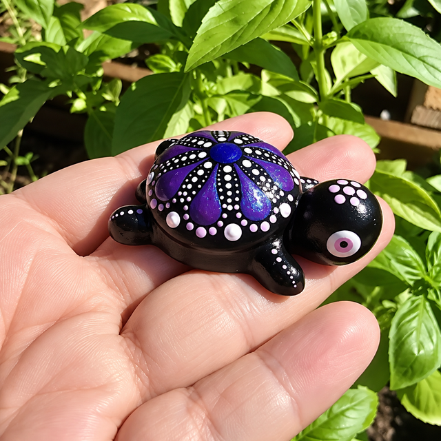 Petite tortue décorative – Mandala violet iridescent et rose - peint à la main