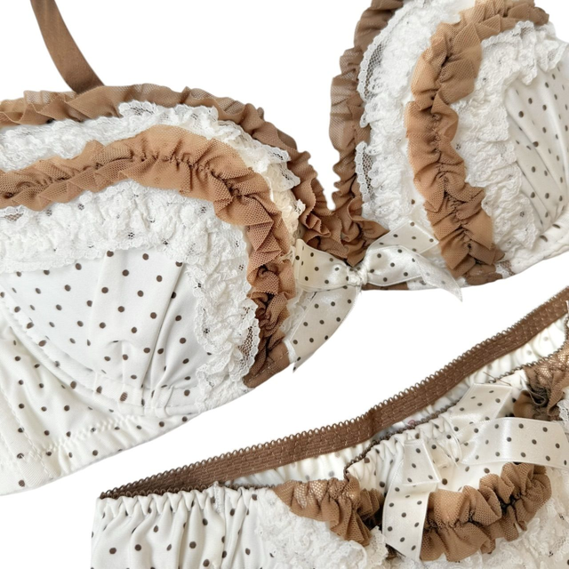 brown and white polka dot bra and underwear set UK 32C