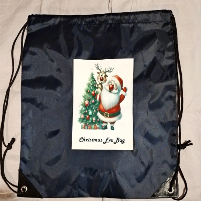 Personalised Santa &amp; Reindeer Reusable Navy Christmas Eve Bag - 16 Designs Unisex Festive Gift Storage