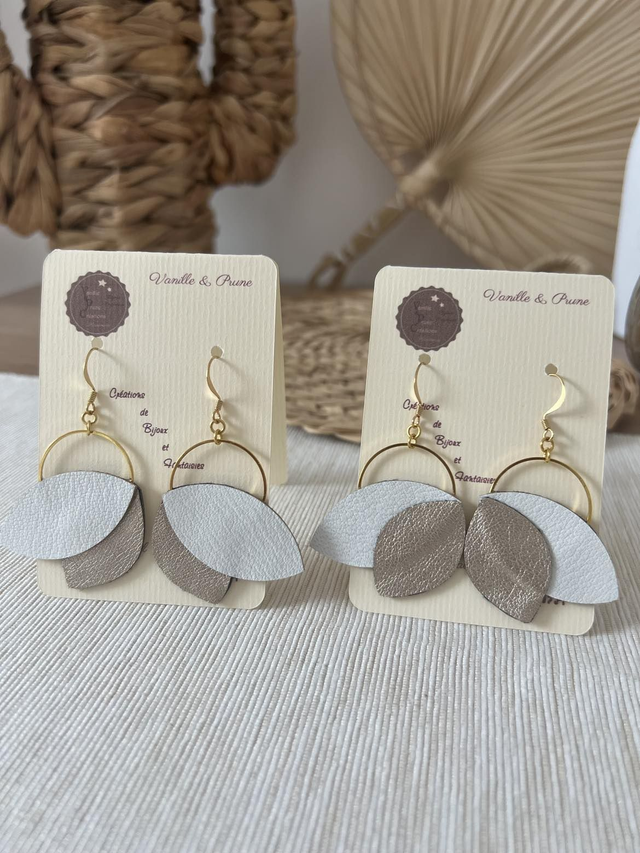 Boucles d&#039;oreilles Penny cuir et simili, bijou upcycling doré
