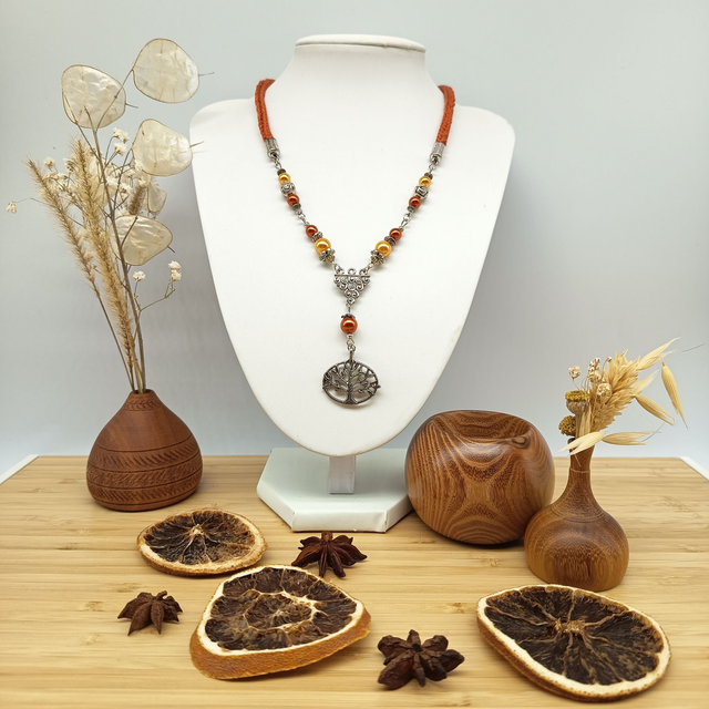 Parure orange foncé et argenté - Collier ras de cou Arbre de vie