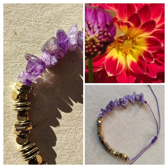 Z-Bracelet améthyste ( pierres naturelles) et hématite doré réglable monté sur fil de jade violet 