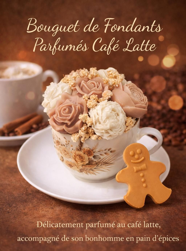 Tasse de fondants au goût de café latte décorées de fleurs séchées avec son fondant  "Bonhomme de pain d'épices" 