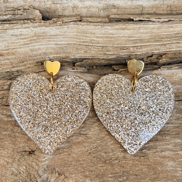 Boucles d’oreilles cœur pailleté doré - GM