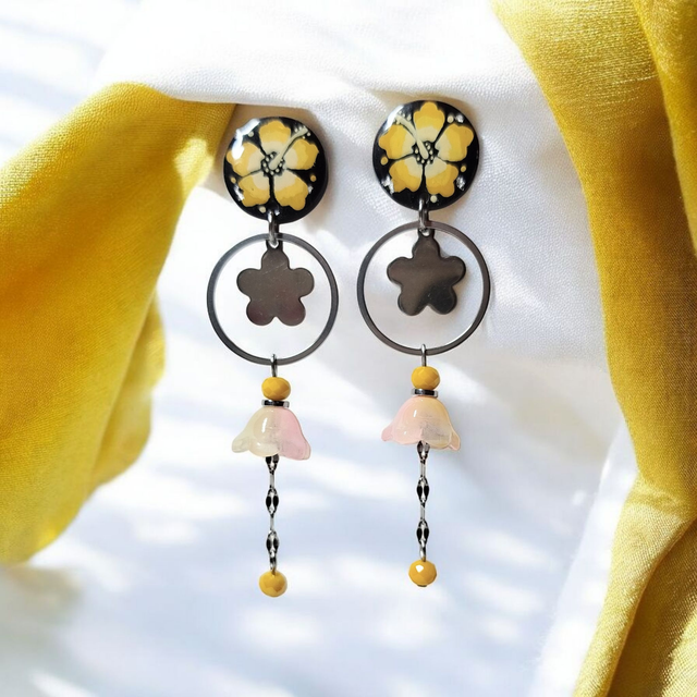 Boucles d'oreilles Flora jaune et pêche