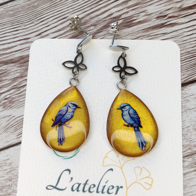 Boucles &quot;Marion&quot; Nacré Doré &amp; oiseaux