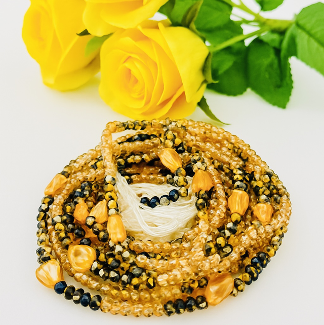 Sunset Flame Heupketting 120cm – Goudbruin & Oranje Kralen | Handgemaakte Waist Beads 