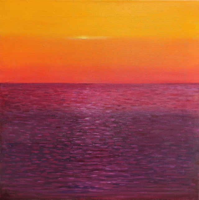 Purpurowy zachód słońca, 60x60 olej płótno 2019