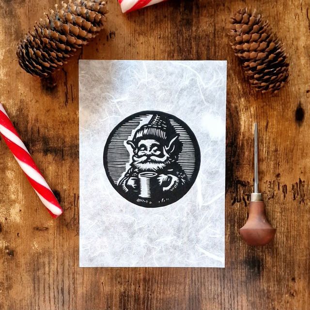 Linogravure - Gnome au Chocolat Chaud