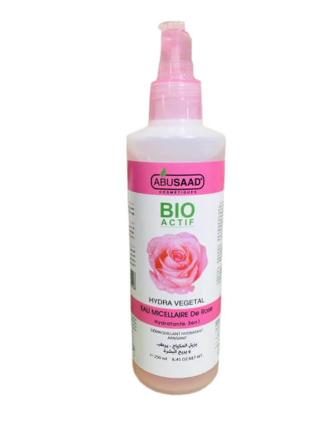 Abussaad cosmétiques/bio actif/hydra végétal/eau de micellaire de rose hydratante 3 en 1/démaquillant/hydratant/apaisant/250 ml 8.45 OZ.Net WT.