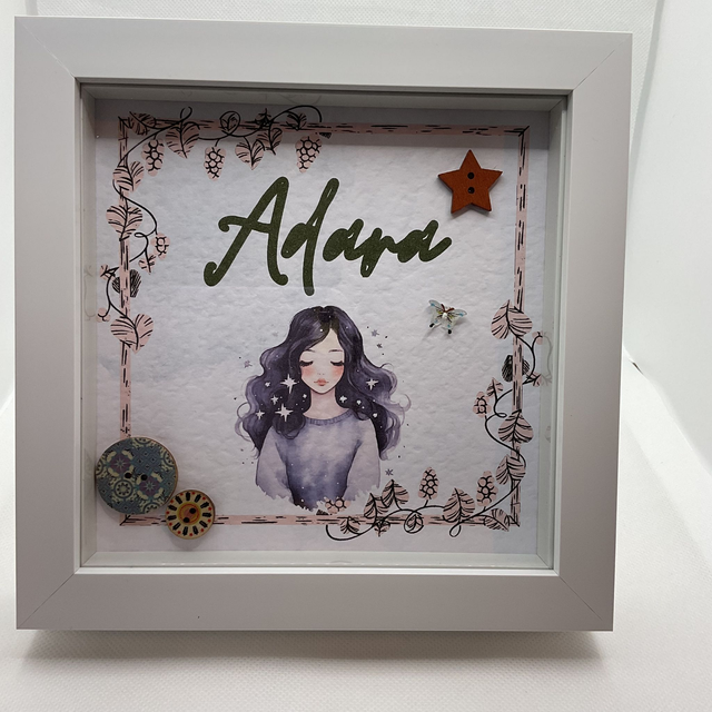 Personalised Name Button Art Frame: Custom Girl&#039;s Decor.