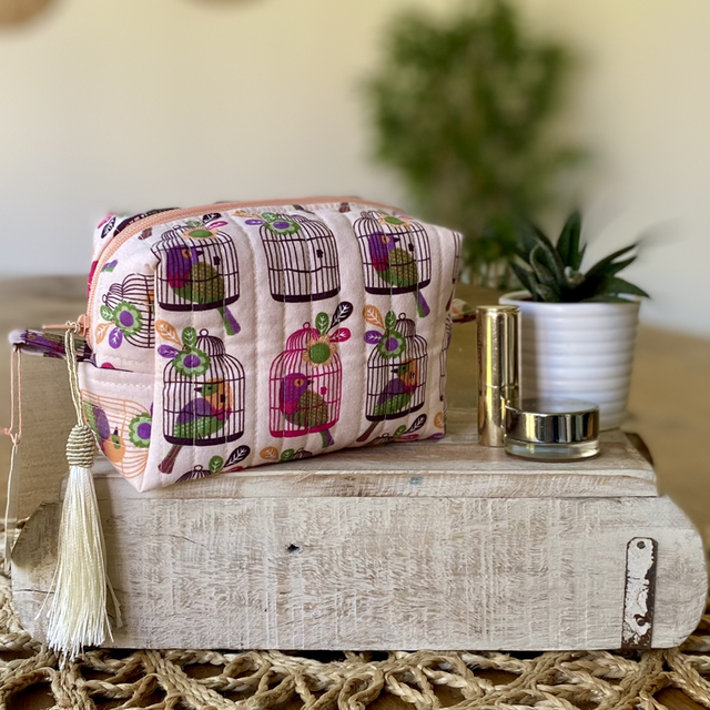 Cosmetic Bag Quilted - Caged Birds