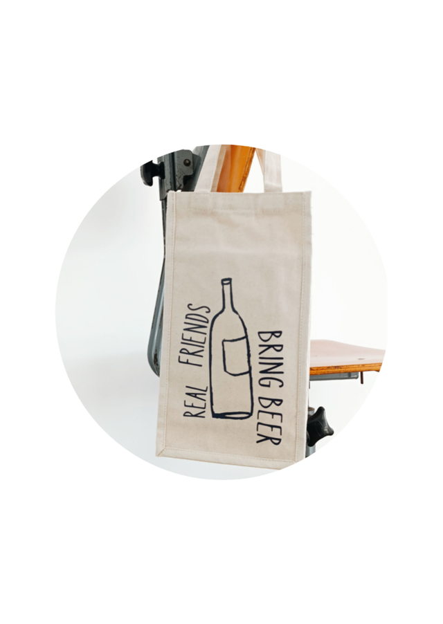 REAL FRIENDS BRING BEER Cotton bag to carry two 75 cl bottles