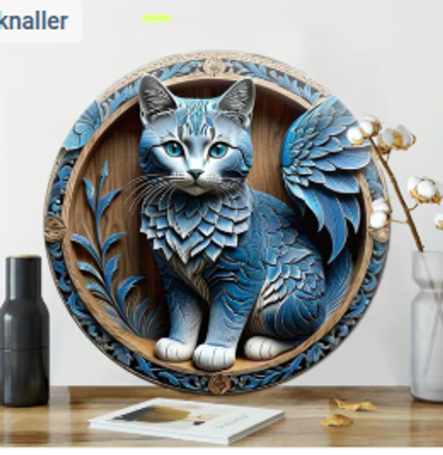 Wanddecoratie metalen bord Blauwe Kat (20cm diameter)