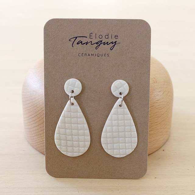 Boucles d’oreilles en porcelaine texturée – Gouttes - Blanc mat