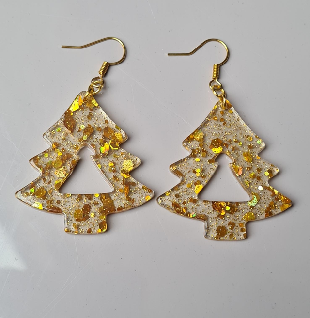 Earrings Christmas tree shaped transparent gold glitter hooks