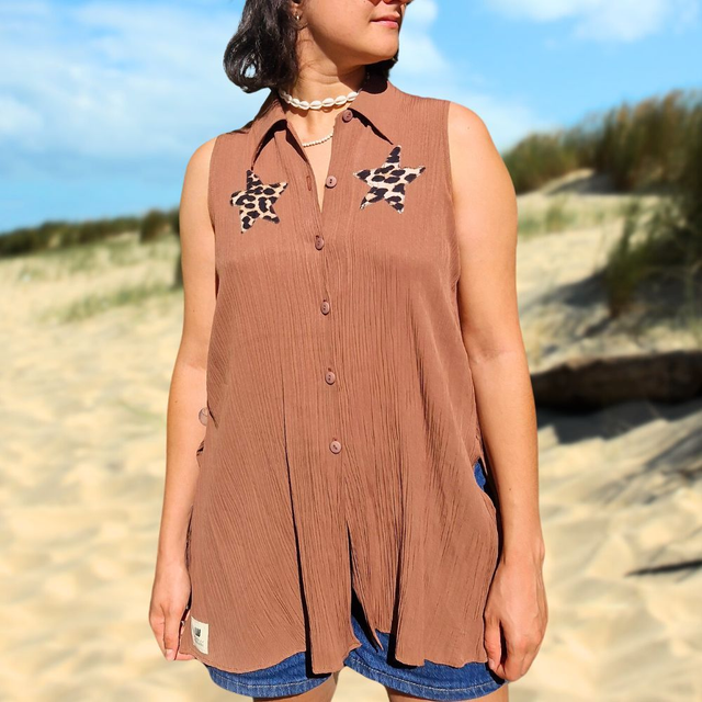Chemisier upcyclé patchwork lune étoile – Taille S M