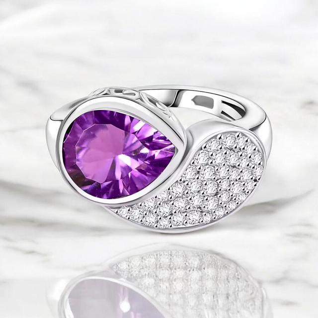 Beautiful Moroccan Amethyst &amp; Cambodian Zircons Statement Ring.