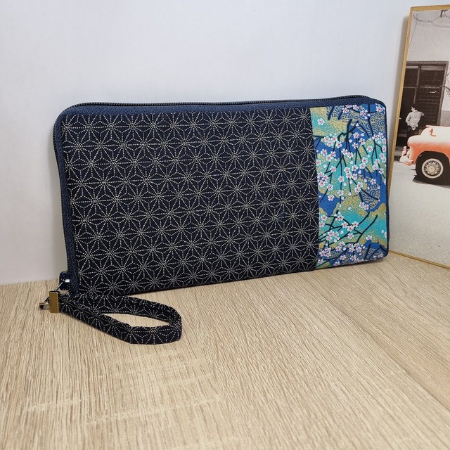 Portefeuille long zippé "Asanoha & Akina" turquoise & bleu marine