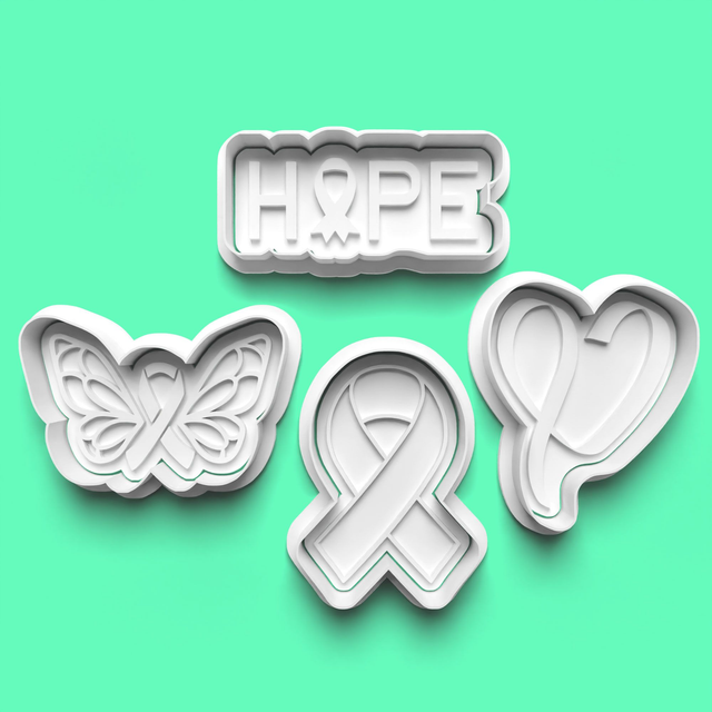 Breast Cancer Awareness Cutter Embosser Set of 4 Cookie Cutters &amp; Stamps Biscuit Mould Debossed (3)