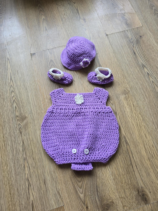 Crochet Lilac Romper Cap Hat Shoes Set 0-3 Months