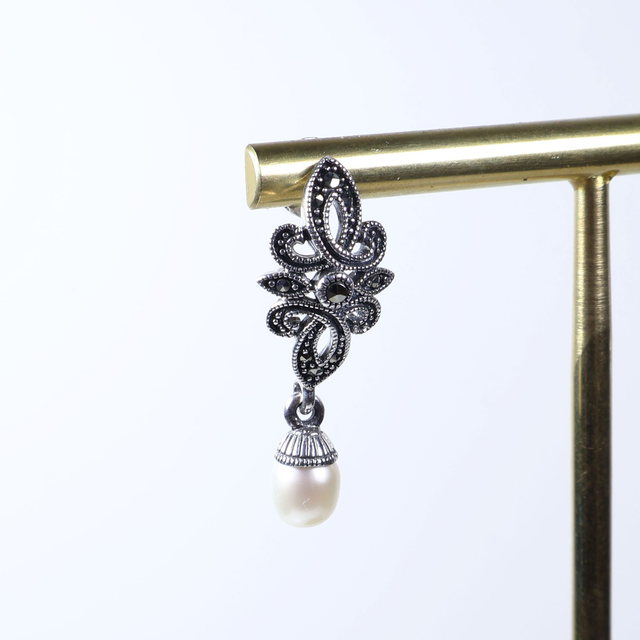 Pair of Sterling Silver 925 Art Deco Style Cream Coloured Fresh Water Pearl Marcasite Gemstone Star Design Drop Dangle Earrings