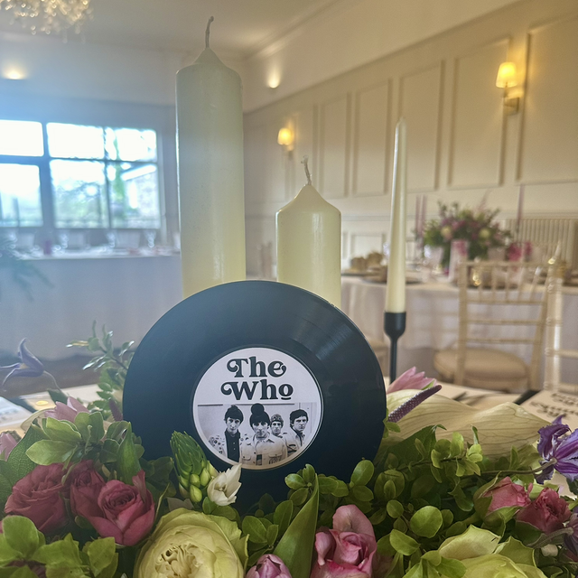 Retro monochrome record label table names - vinyl single personalised with any band/song in our retro monochrome design