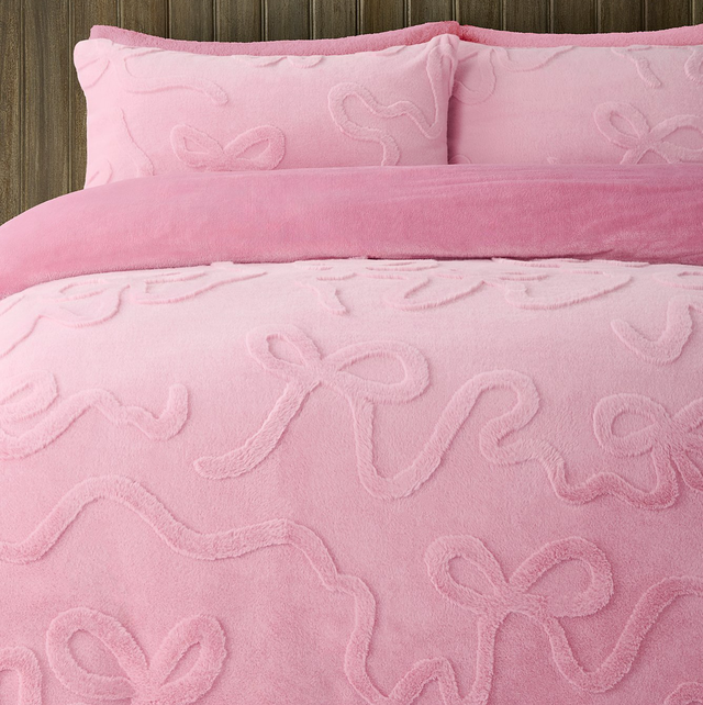 Pink Jacquard Bow Super Soft Faux Fur Duvet Set