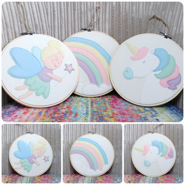 Unicorn, Fairy and rainbow. 8 inch hoops. Three different designs. Wall Art. Pink. Purple. Yellow. Green. Blue. White. Fully hand-sewn. 