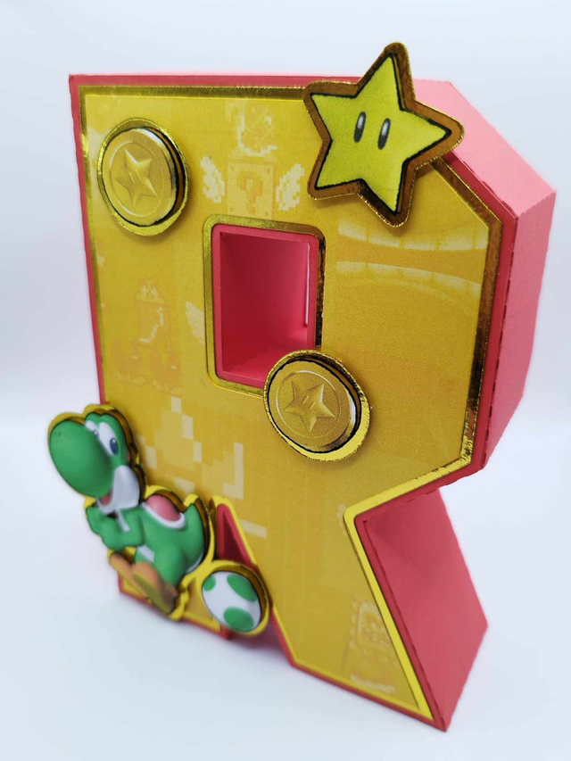 Lettre initiale 3D thème "Mario Bros" (fond jaune+Yoshi)