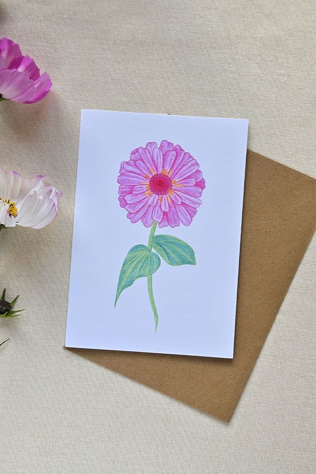  Carte au crayon de couleur - Zinnia
