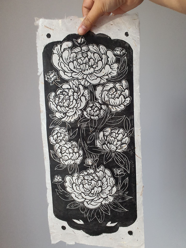 Black peony linocut print