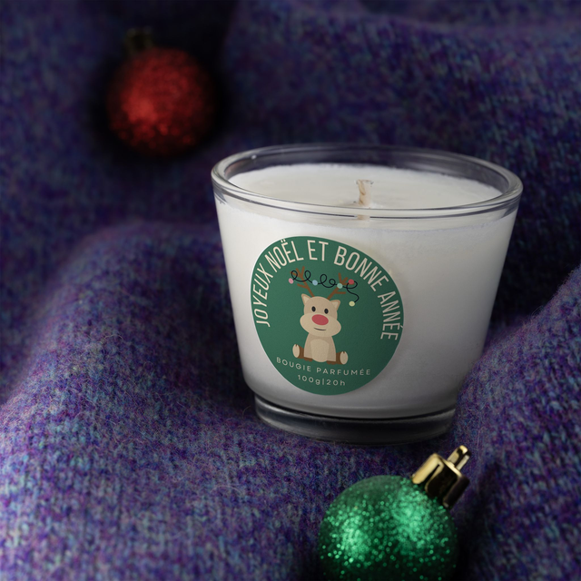 Bougie artisanale parfumée en cire de soja avec étiquette personnalisée - Cadeau pour Noël, Nouvel An, Fêtes de fin d'année, 100g (JN04)