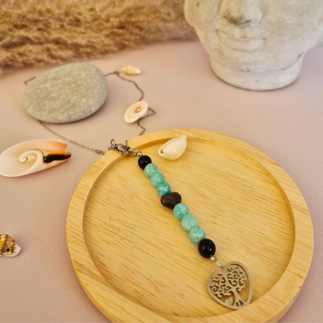 Collier MAYA – Amazonite du Pérou &amp; Obsidienne du Mexique