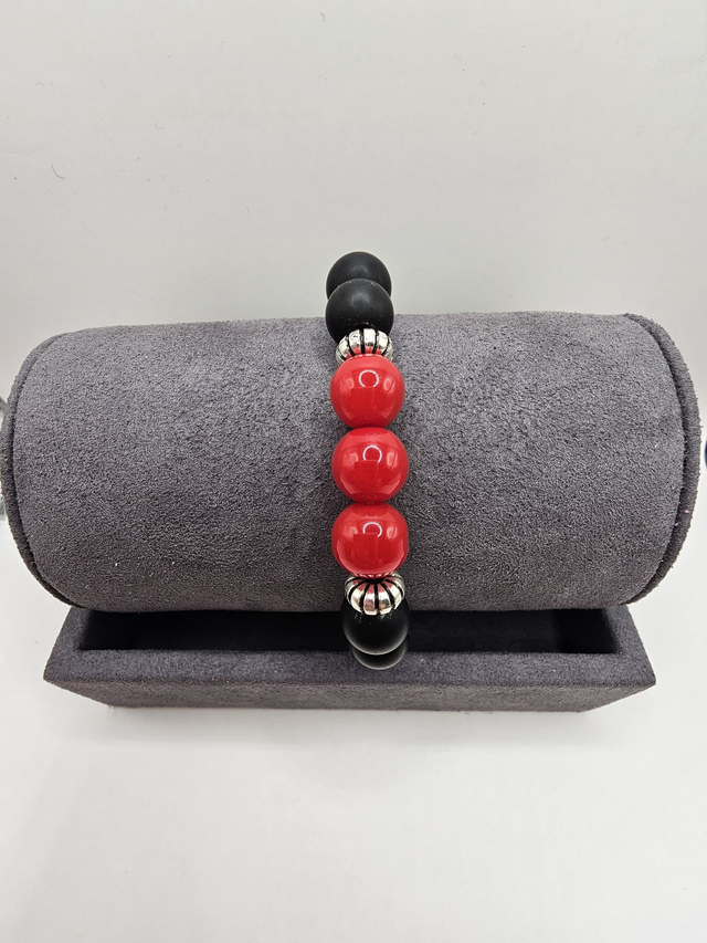 Mens Black Onyx & Red Coral Bracelet.