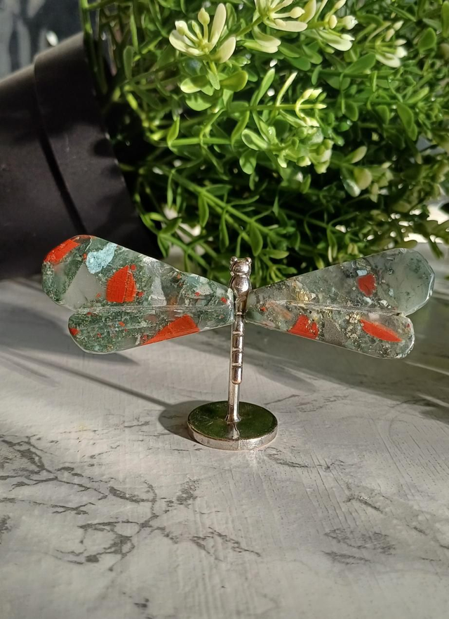 African Bloodstone Dragonfly on Silver Standp