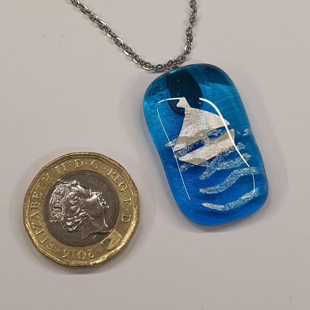 Boat in sea blue and silver pendant NEW