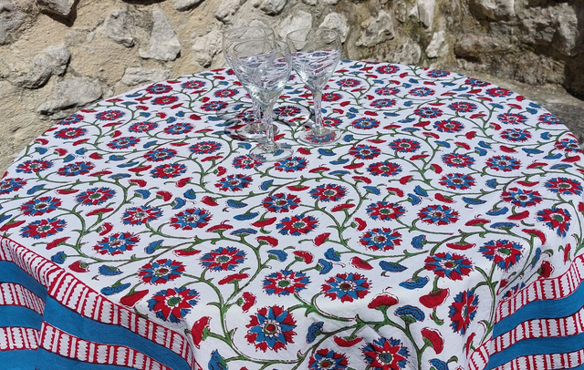 Nappe carrée 100cm imprimée à la main, coton, floral rouge, turquoise et vert