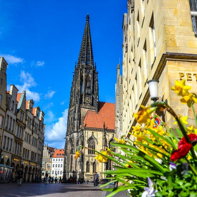 St. Lamberti mit Frühlingsblumen